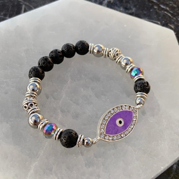 Purple cz evil eye black lava boho bead bracelet - Picture 9 of 14
